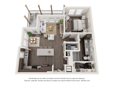 a 1 bedroom floorplan is shown with a wood floor